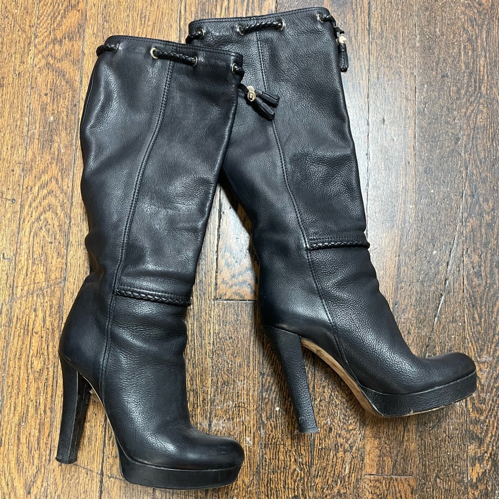 Gucci, black pebble leather high heel/platform boots with tussles